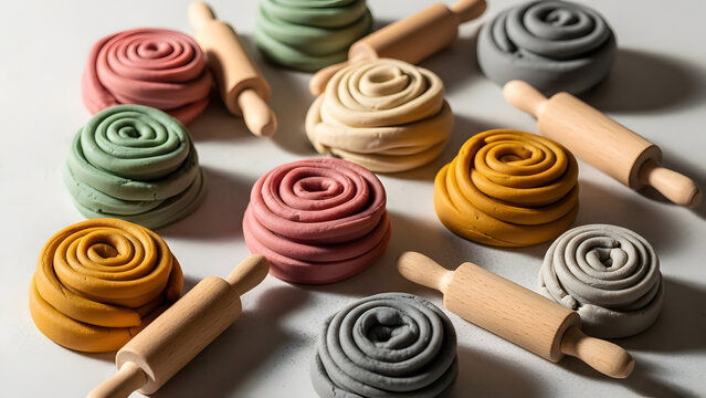 Colorful spirals of modeling clay or playdough arranged in a pattern for sensory play and arts and crafts activities for children learning colors