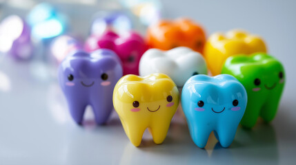 Obraz premium Smiling multi-colored toy teeth for pediatric dentistry and oral hygiene education concept, children's dental learning, playful healthcare teaching, youth oral health, with copy