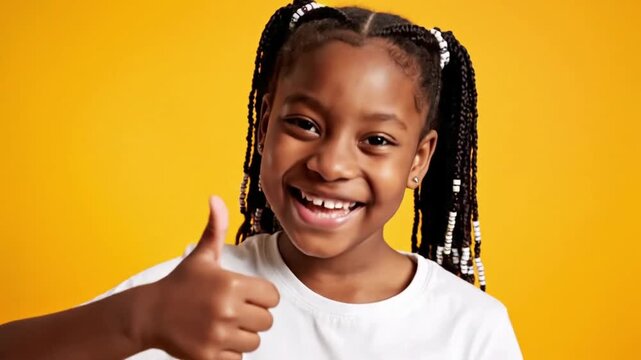 Young girl smiles and shows thumbs up with yellow backdrop during bright summer day