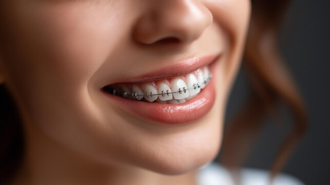 Perfect smiling teeth with metal braces and glossy lips showing dental orthodontic treatment for straightening teeth and improving dental health, oral correction, cosmetic care,