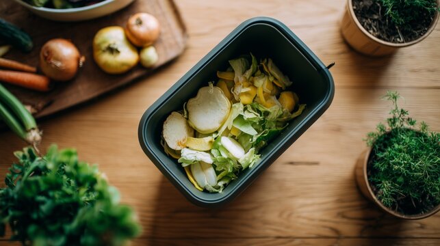 overhead kitchen counter with compost container sustainability concept