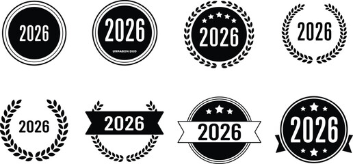 Obraz premium Set of 2026 anniversary badges and award laurel wreaths with stars and ribbons isolated on white background for New Year celebrations and professional certifications.