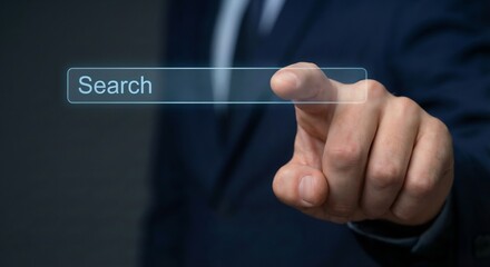 Business researcher utilizing advanced search engines and keyword optimization tools on a touchscreen to retrieve critical industry data, filter relevant information, discover market opportunities, in