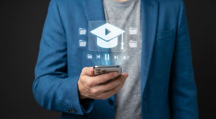 Corporate trainer curating online educational content and video tutorials on a mobile device to facilitate remote learning, organize digital course materials, track student progress, insights for empo