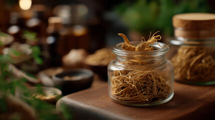Fototapeta premium Dried ginseng root in traditional apothecary setting, medicinal herb, natural remedy ingredient, herbal storage, therapeutic preparation environment, with copy space