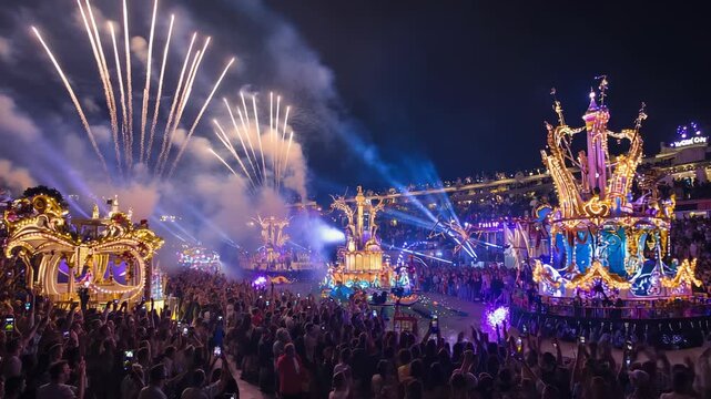 Vibrant illuminated parade float performance with fireworks display, crowd cheering, festive celebration, nighttime entertainment event.