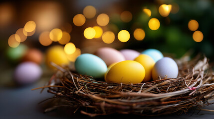 Fototapeta premium Colorful eggs in nest on table with defocused blurred background lights, Easter celebration, seasonal decoration, illuminated display, holiday arrangement, with copy space