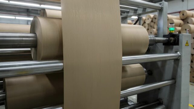 Closeup medium shot of brown kraft paper being slit and rewound into compact rolls emphasizing texture and the robust material handling process in a recyclingfriendly factory.