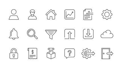 Modern SaaS Dashboard and Web Application Outline Icons Set Including User, Analytics, Reports, Settings, Security and Cloud Interface Symbols