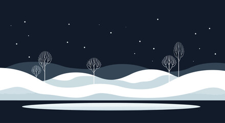 Fototapeta premium A serene winter landscape with snow-covered hills and trees under a starry night sky viewed from a distance