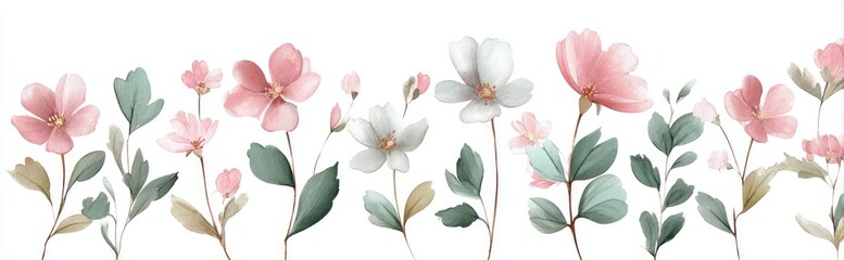 Watercolor illustration of flowers in pink and white, with green leaves, against a white background