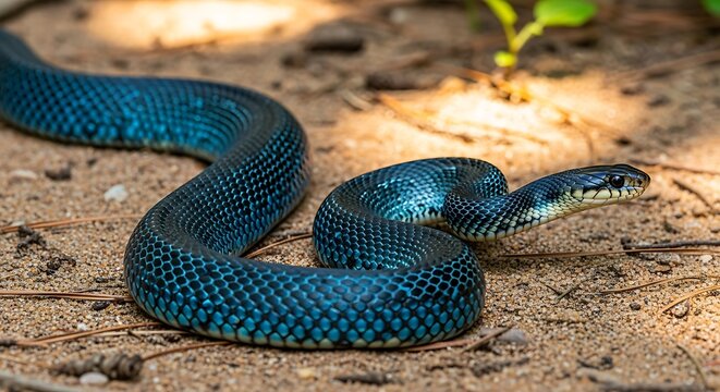 Eastern indigo snake gliding across sandy soil