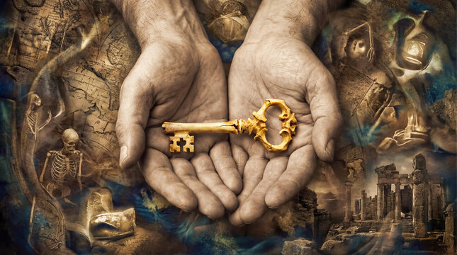 Hands holding ancient key made of human bone mystery discovery concept absurd surrealism background copy space secret history skeleton weird