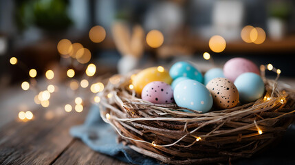 Obraz premium Nest with colorful eggs during spring celebration near defocused soft lights, Easter decoration, illuminated display, seasonal festivity, holiday arrangement, with copy space