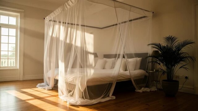 Bedroom with canopy bed and mosquito net. Morning sun shines through window on wooden floor. Prevention of insect and pest.
