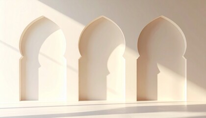 Fototapeta premium Minimalist architectural design with three arched doorways and soft shadows.