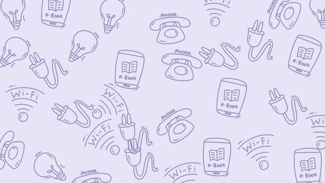 Dynamic video sequence of tech doodle patterns and wireless devices.