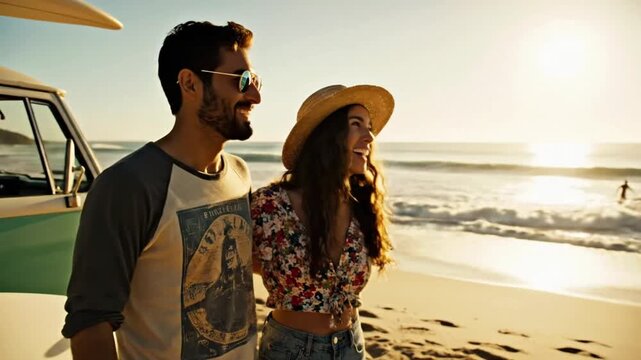 Couple enjoys sunset at a beach with surfboard and vintage van in California