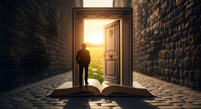 Doorway to Opportunity &ndash; A symbolic open door emerging from a book, leading to a bright new beginning.