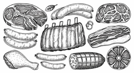 Sketch Meat and Sausage Collection - Hand Drawn Butcher Shop Illustrations © Vector 4 You