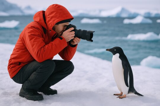 Wildlife Photographer Capturing Image of Adelie Penguin in Antarctica, Documenting Climate Change and Natural Beauty