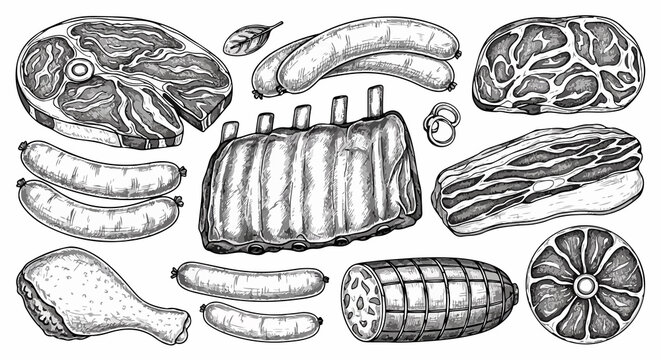 Sketch Meat and Sausage Collection - Hand Drawn Butcher Shop Illustrations