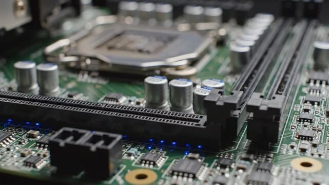 Close up of a motherboard showing CPU socket and capacitors in a computer system