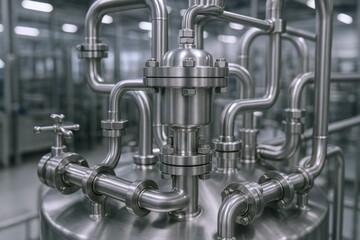 Industrial Stainless Steel Piping System: Complex Network of Pipes, Valves, and Connections in a Factory Setting