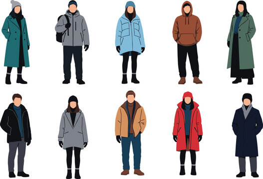 Diverse group of young men and women standing together wearing colorful stylish winter coats and warm outdoor clothing, flat vector illustration