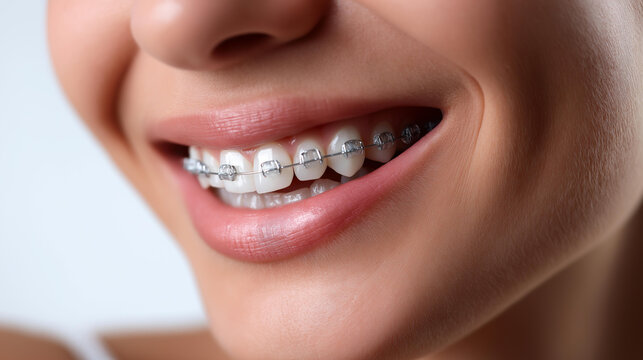 Closeup view of mouth with braces showcasing straightening teeth on white background for magazine use, orthodontic treatment, dental correction, tooth alignment visualization,