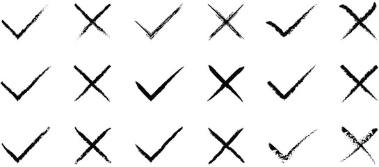 Hand Drawn Check Mark Icon Set Vector &ndash; Sketch Tick and Cross Symbols, Doodle Brush Checklist 
V and X Signs Collection Isolated on White Background