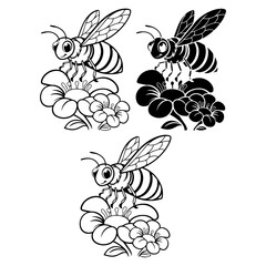 Honey Bees on Flower Silhouette Pack - Bee Collecting Nectar and Honey Production Vector Illustration