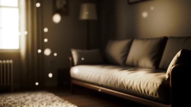 Soft lamp light gently reflecting on a wooden floor, creating an inviting and tranquil ambiance in a modern living room with a comfortable sofa and potted plants