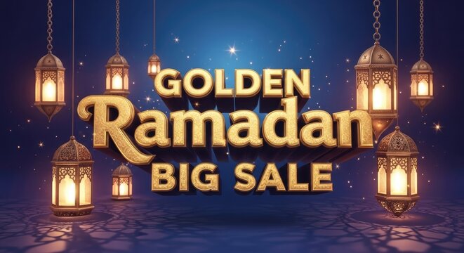 Golden Ramadan Big Sale with Hanging Lanterns