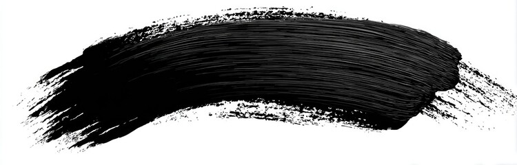 A curved black paint stroke on a white background, with textured brushstrokes