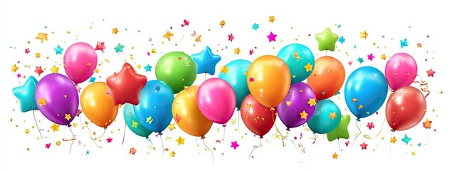 Colorful balloons, stars, and confetti float against a white backdrop, creating a festive scene