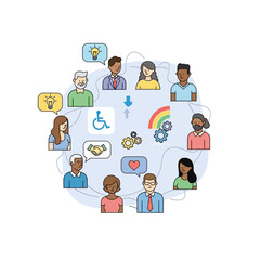 Diverse Group of People Connected with Various Symbols and Icons.