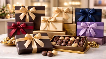 premium chocolate gift boxes arranged on boutique counter