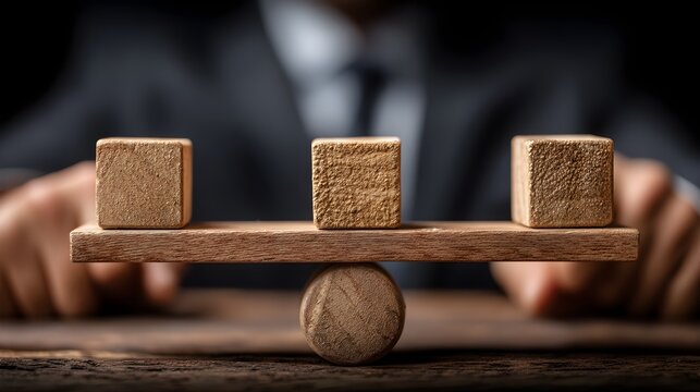 Close-up of businessman balancing wooden blocks on seesaw