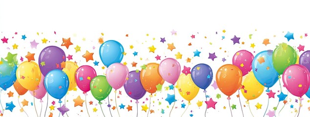 A festive horizontal banner features colorful balloons and confetti against a white background