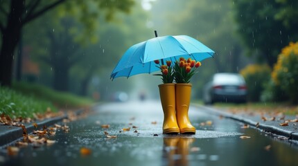 A blue umbrella and yellow rubber boots on a rainy day, representing the playful spirit of spring's April showers 