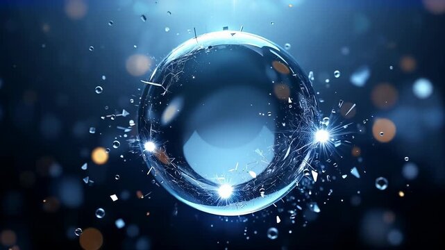 Clear glassy bubble shattering and floating against a dark blue background with bokeh lights