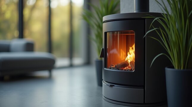 A modern pellet stove with a controlled flame visible through the front glass panel. Concept of ecological heating. 
