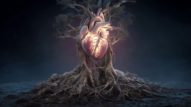 human body merging with tree roots spreading deep into the earth, glowing heart core, concept of emotional grounding 