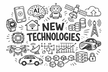 Hand-drawn new technologies concept illustration featuring AI, robotics, cloud computing, blockchain, IoT network, cybersecurity, and smart devices