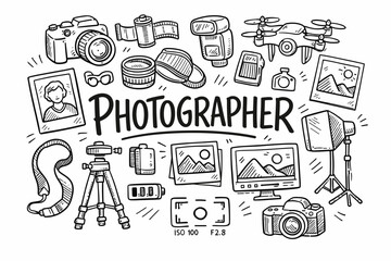 Obraz premium Hand-drawn photography equipment illustration featuring cameras, lenses, flash, drone, tripod, lighting, memory cards, and photo frames around lettering
