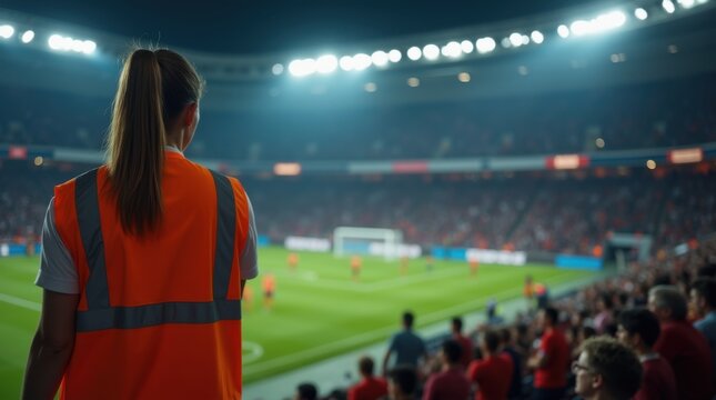 Female security guard in an orange vest watches over a football stadium at night, ensuring safety as fans cheer on players 
