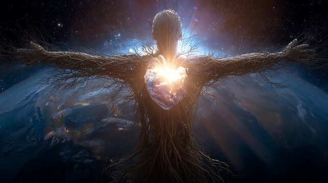 human body merging with tree roots spreading deep into the earth, glowing heart core, concept of emotional grounding 
