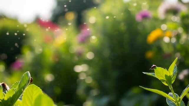 Insect on green leaf in bright garden with flying midges and bokhe effect. Pesticide and pest control. Disinfection service.