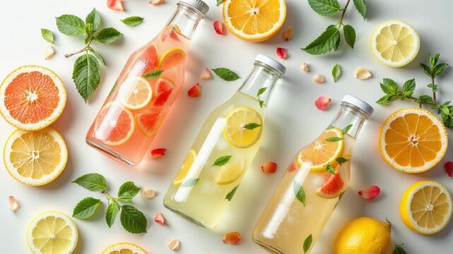 Assortment of fresh homemade citrus lemonade in glass bottles isolated on a white background